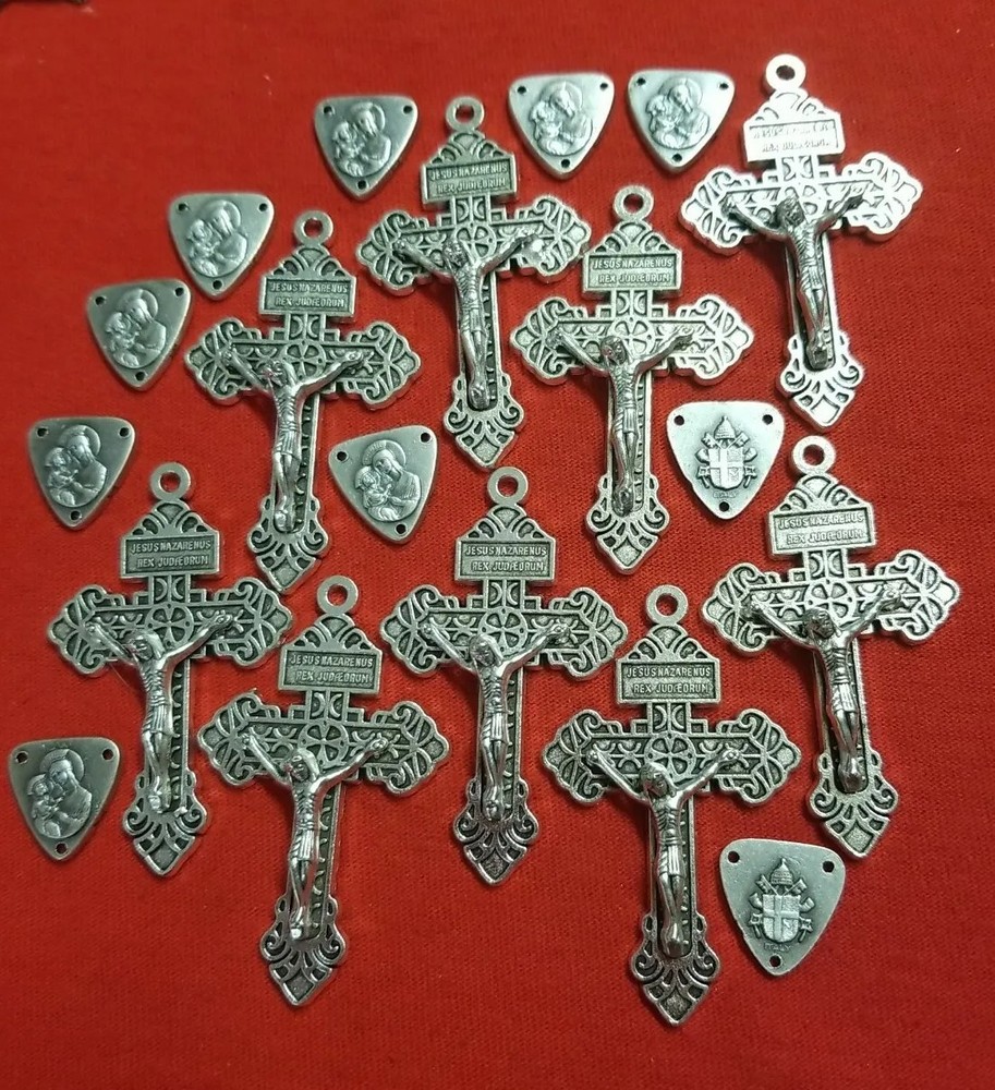 CHRISTIAN  CATHOLIC 20 PCS CROSS & ROSARY Center silver PLATED ITALY