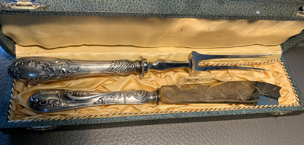 Antique Silver Carving Fork and Knife Set In Box