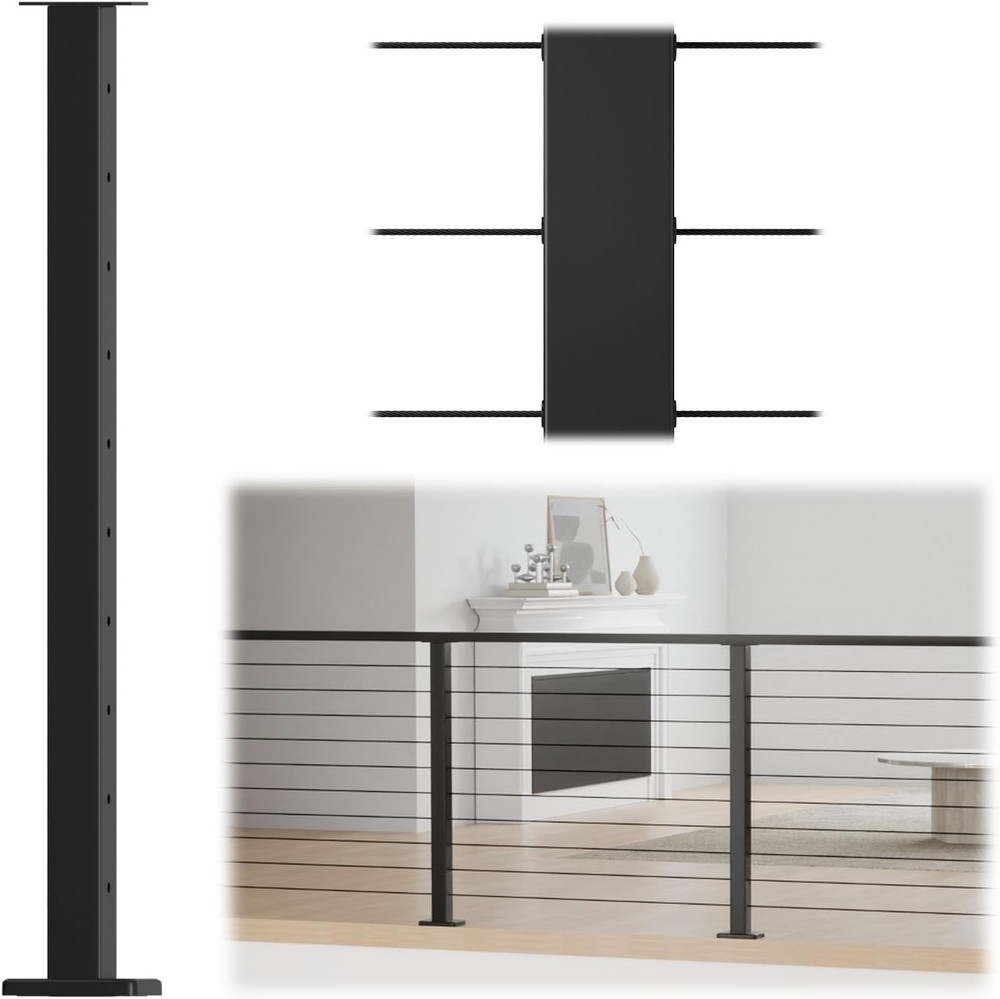 Black Cable Railing Post 36 Inch 36"X2"X2" Level Drilled Surface Mount T304 Stai