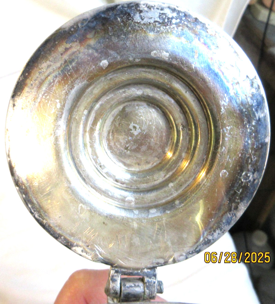 ANTIQUE~HEAVY GLASS AND SILVER WITH HINGED LID WATER PITCHER~10 1/4"