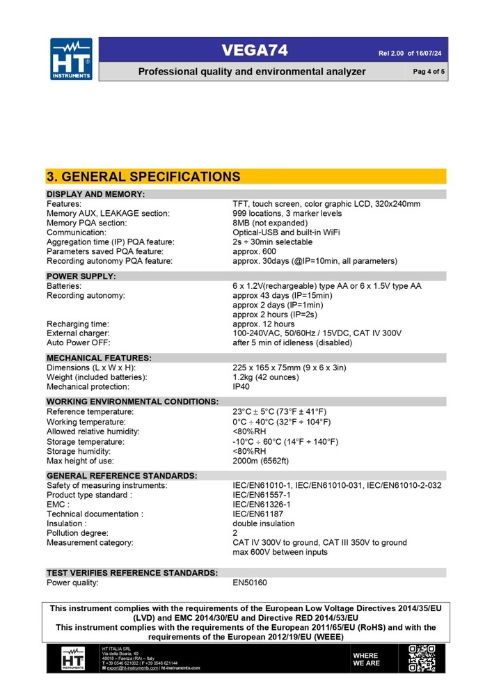 HT Instruments VEGA74 Three-Phase Power Quality Analyzer 3000A Flexi CTs PQA