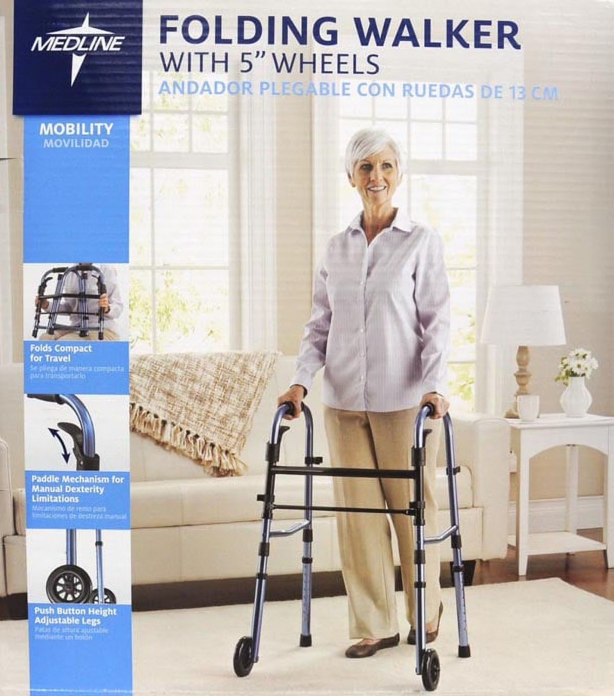 Folding Walker With 5" Wheels, For Adults, Elderly and Disabled