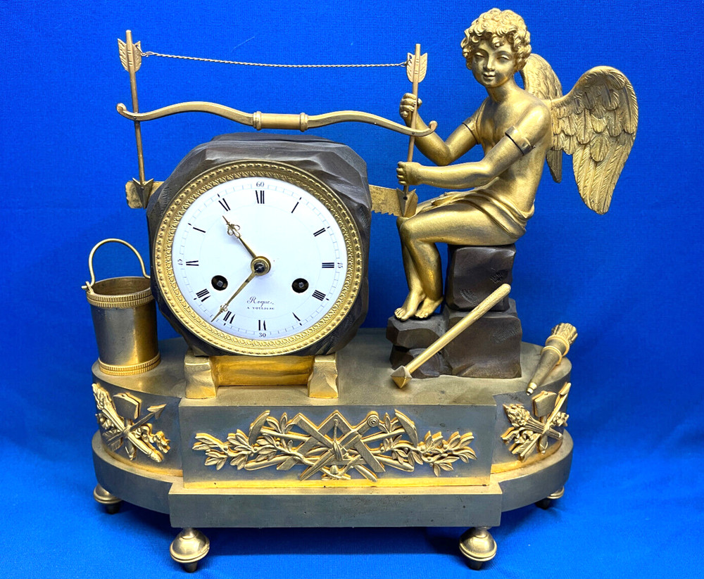 Rare Antique Gilded French Empire Masonic Figural Silk Thread Clock *
