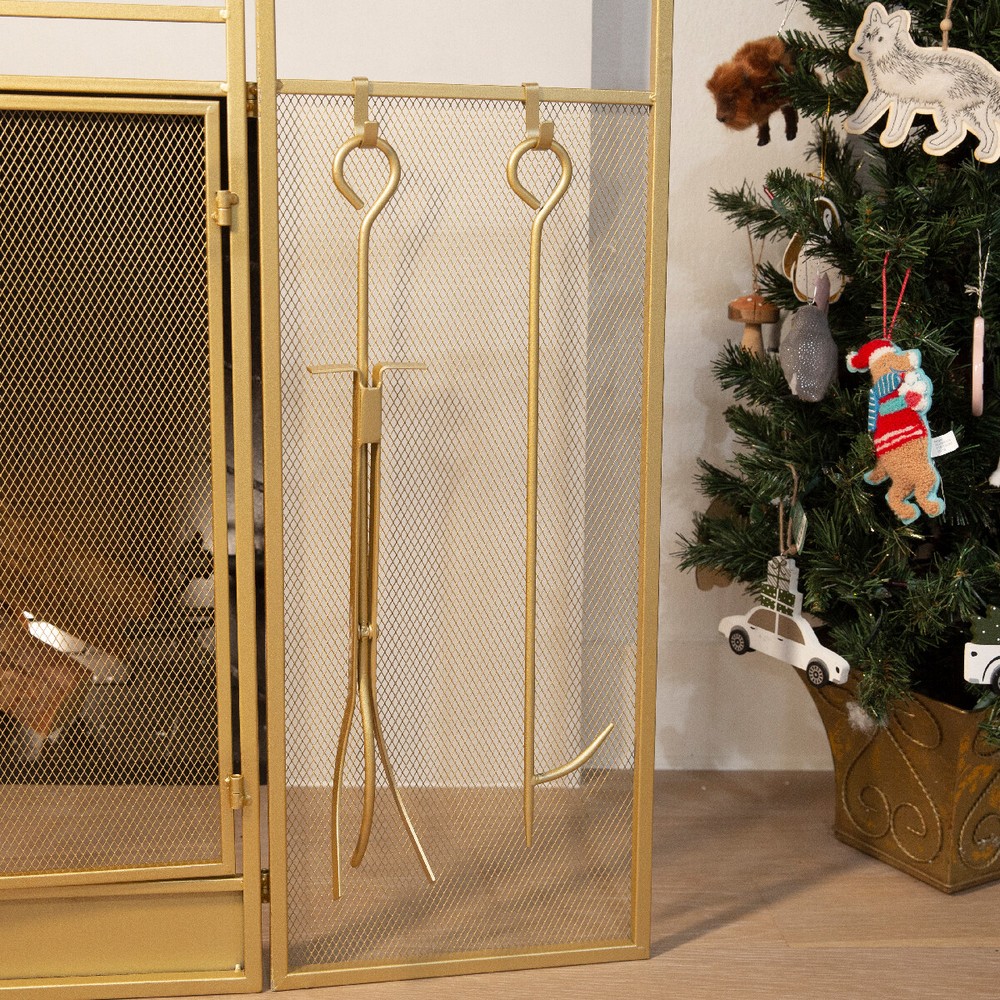 Fireplace 3 Panel Screen Spark Guard Hinged Doors With (4-Fireplace Tool) Gold