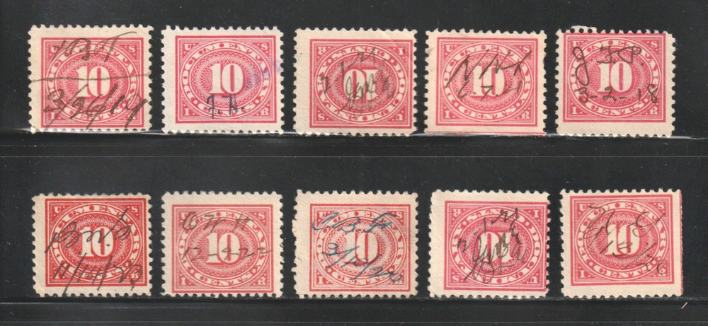 Scott # 234, Used, 10¢ Documentary, Manuscript Cancels, 10 Different