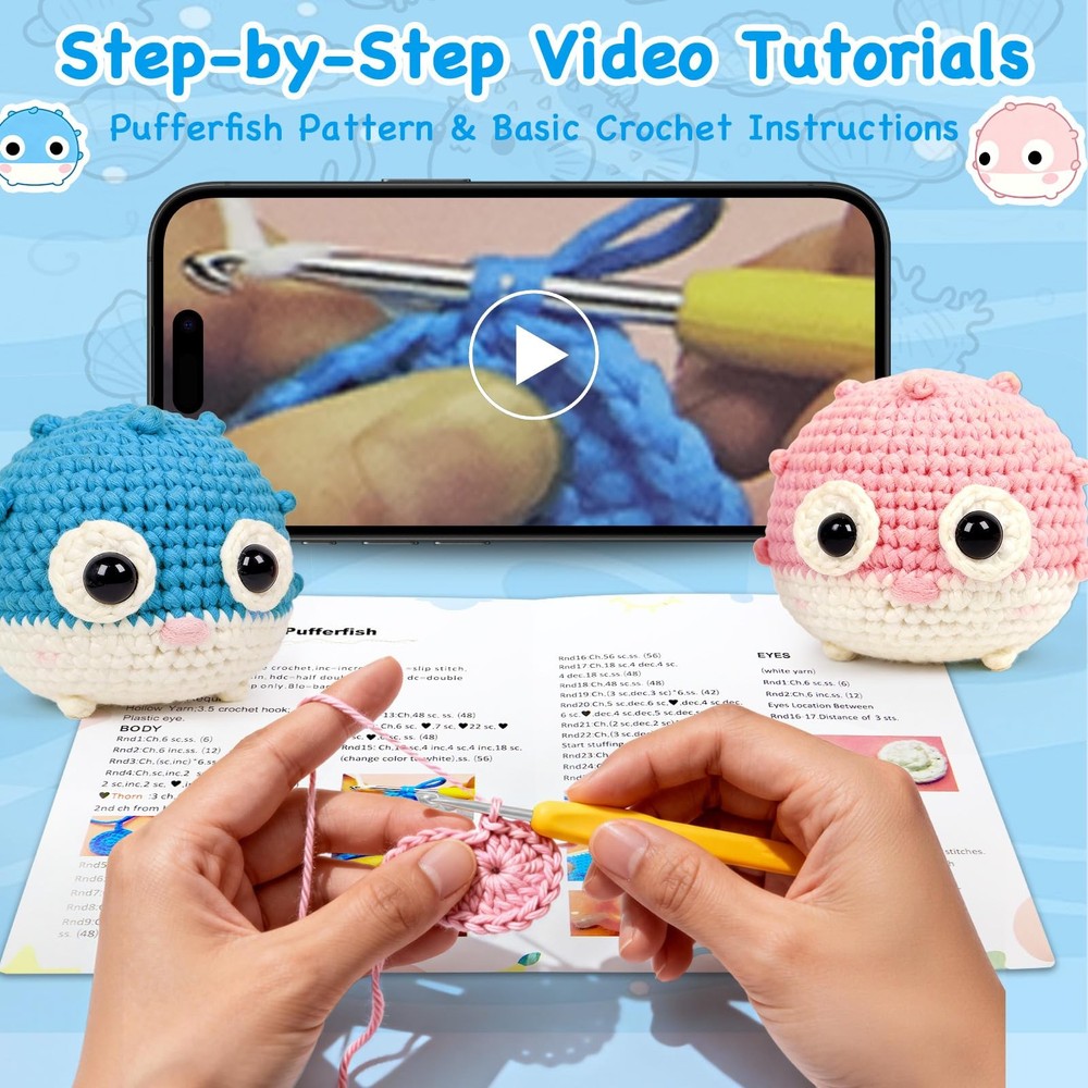 Cokiddle Crochet Kit for Beginners, Cute Pufferfish Shape with Step-by-Step V...