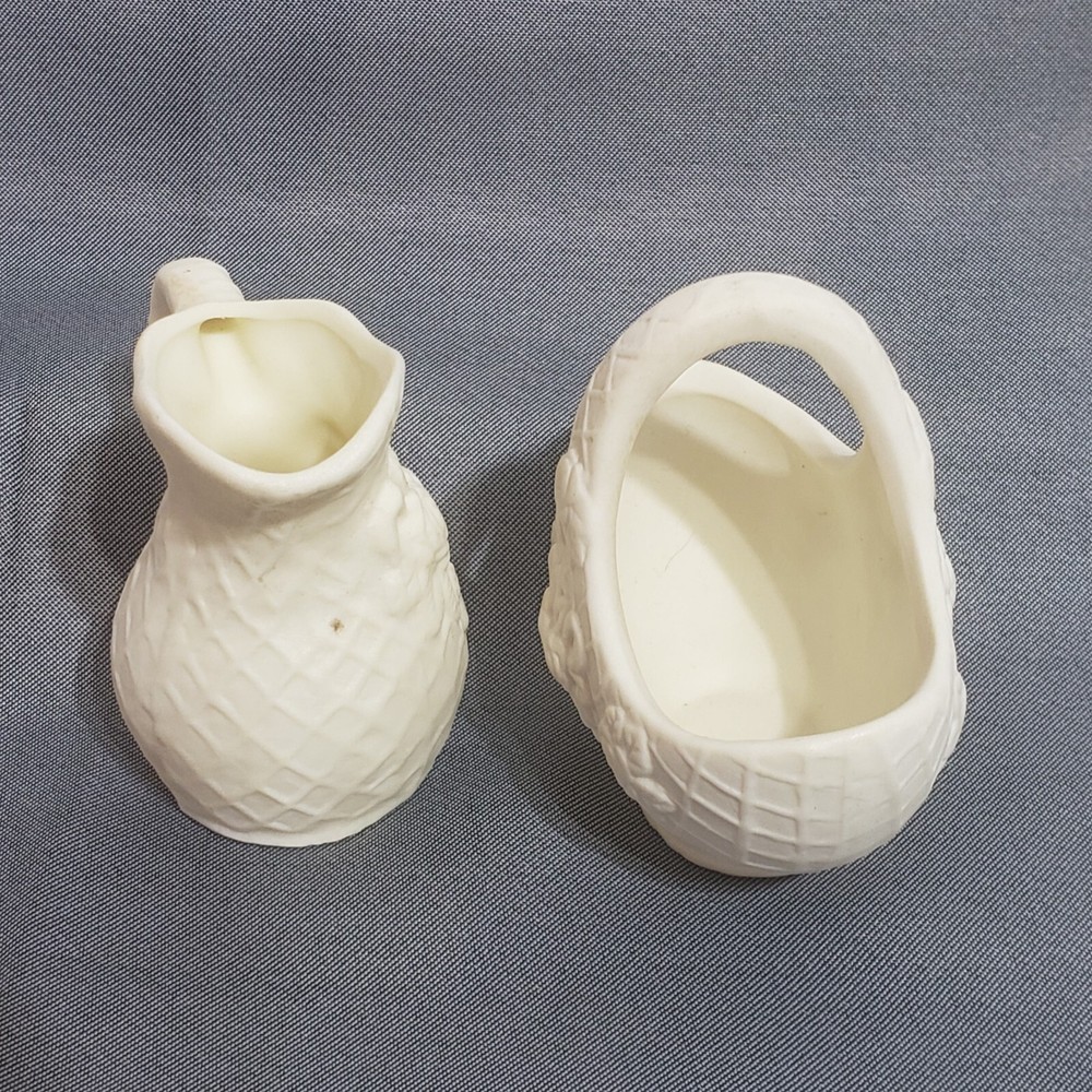 Picnic Basket and Pitcher Miniature Chalkware Weave Pattern