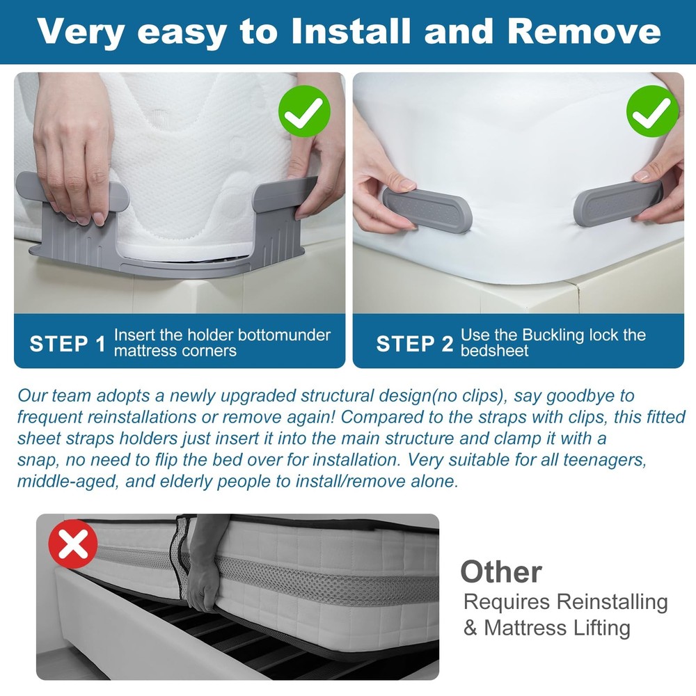 Bed Lock Sheet Holders Fit All Sheet Size, New Upgrade Sheet Straps Keep Shee...