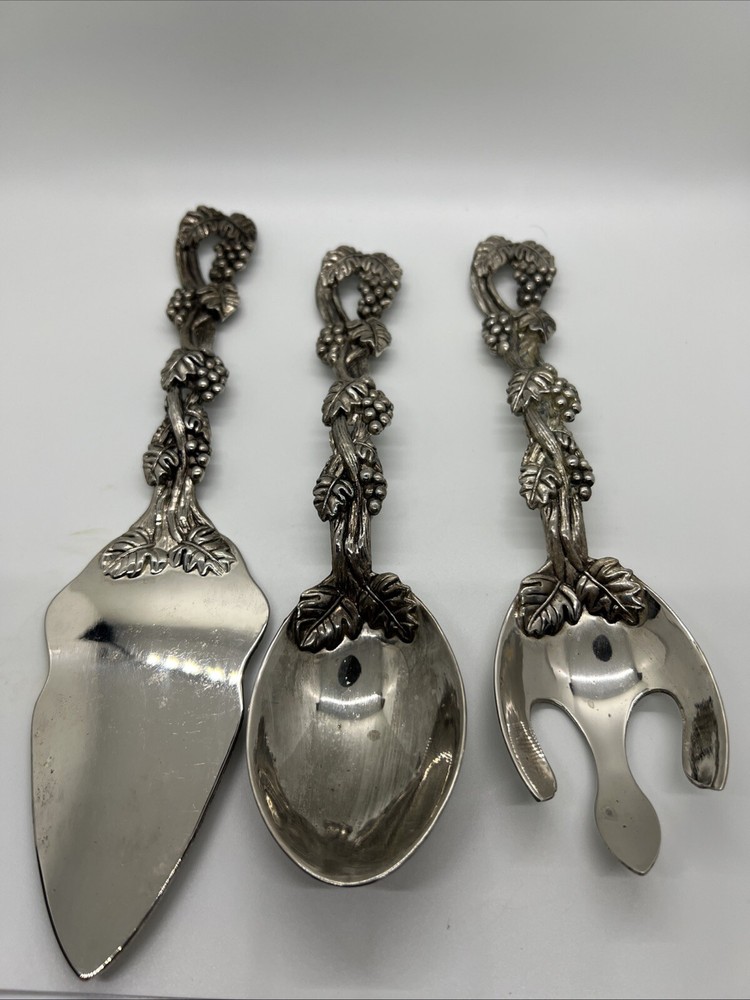 Vtg Godinger Silver Plated Grape Floral Serving Fork Spoon & Slicer