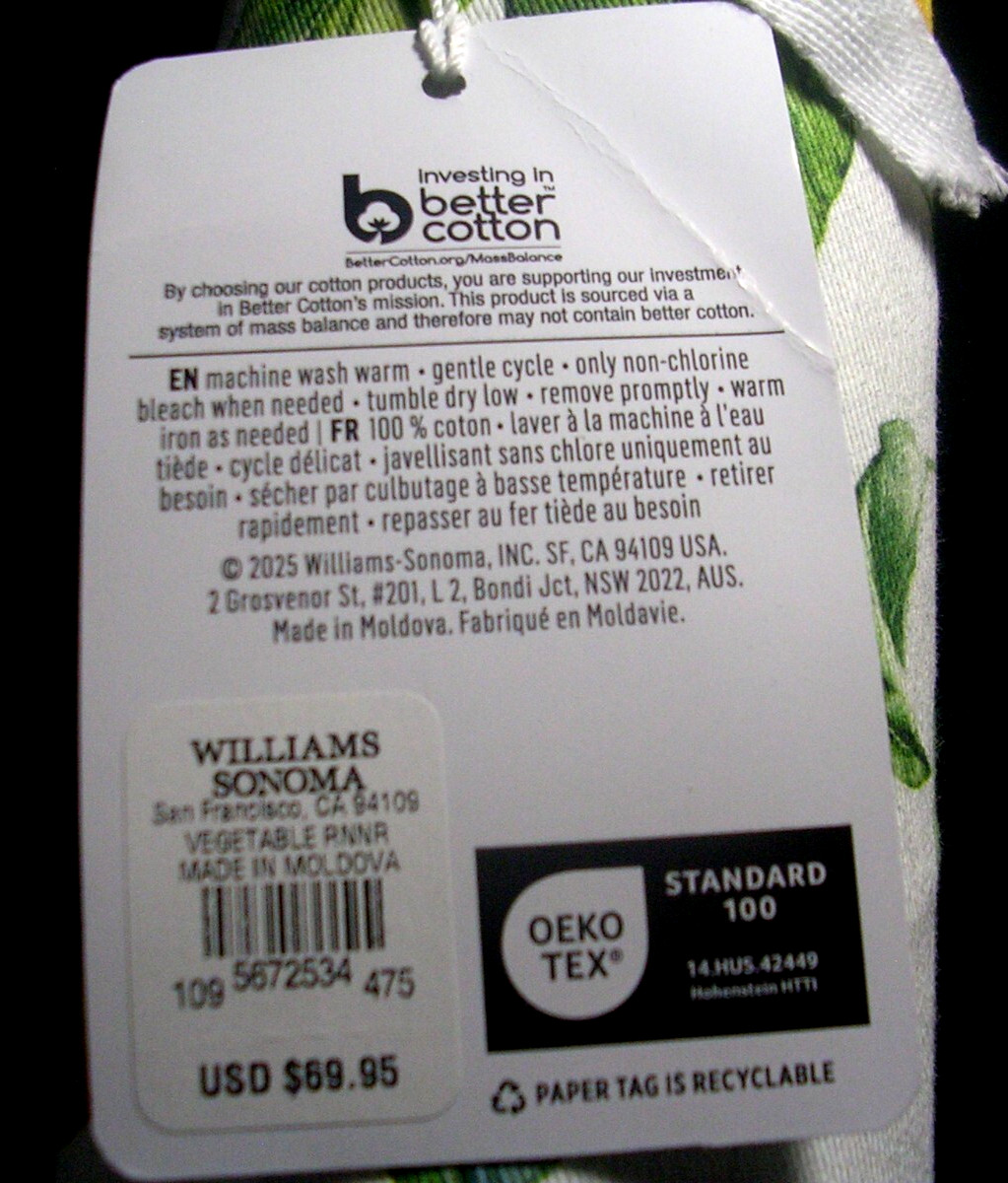 WILLIAMS SONOMA VEGETABLE TABLE RUNNER TWILL WEAVE COTTON 16X108 REVERSIBLE NWTG