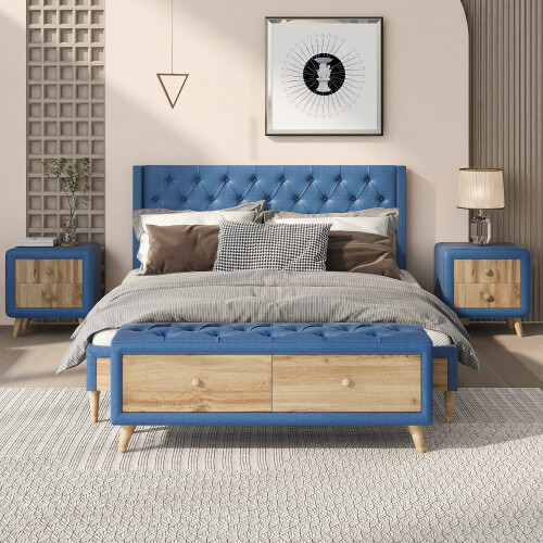 Full Queen Size Bedroom Sets Upholstered Platform Bed Frames Nightstands Bench