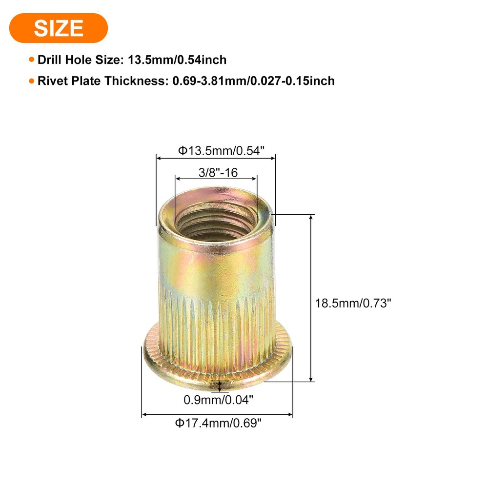 60Pcs Rivet Nuts Flat Head, 3/8 Carbon Steel Thread