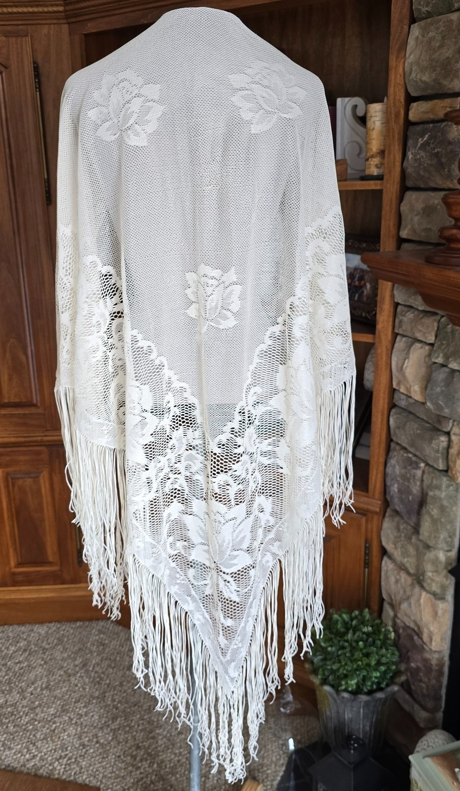 Vintage Large Woven Shawl with Fringe Floral Boho Made In Japan Cream