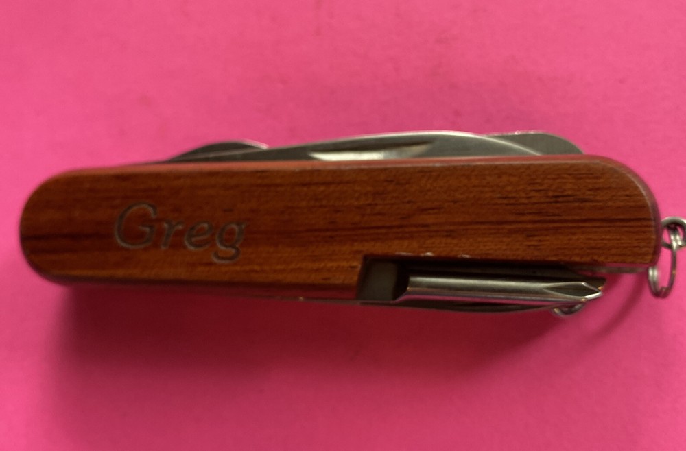 *NOS* 9 FUNCTION ENGRVAED (GREG) WOODEN HANDLE MULTI-TOOL-FREE SHIPPING*