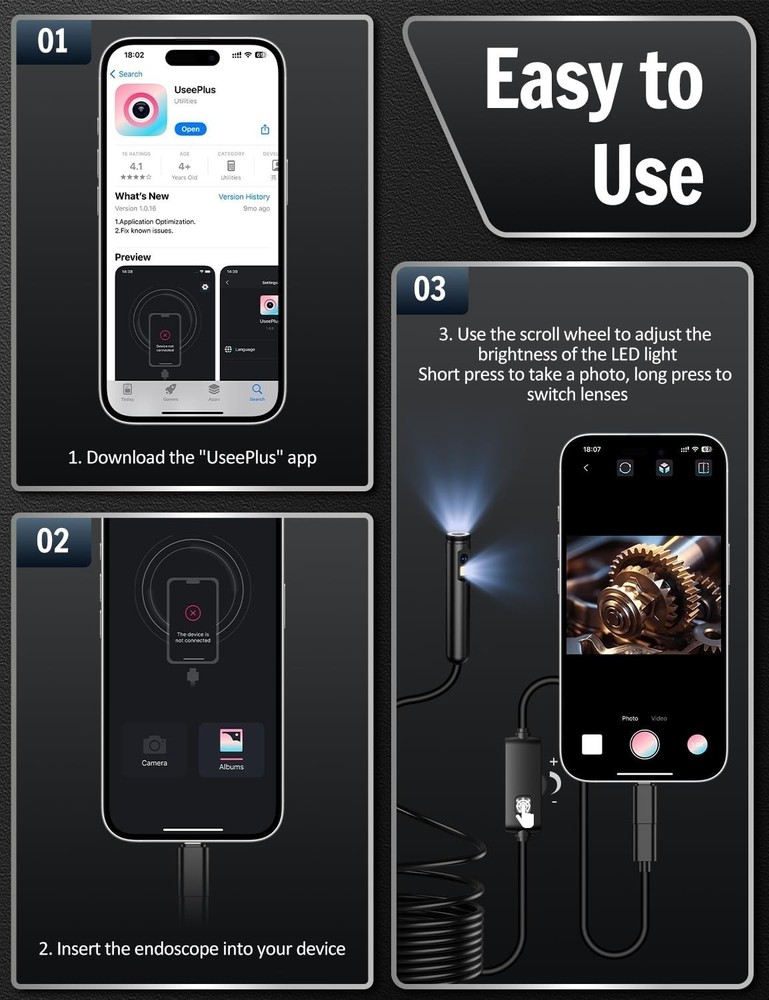1920P HD Endoscope Borescope 8mm Inspection Snake Camera for iPhone Android iOS