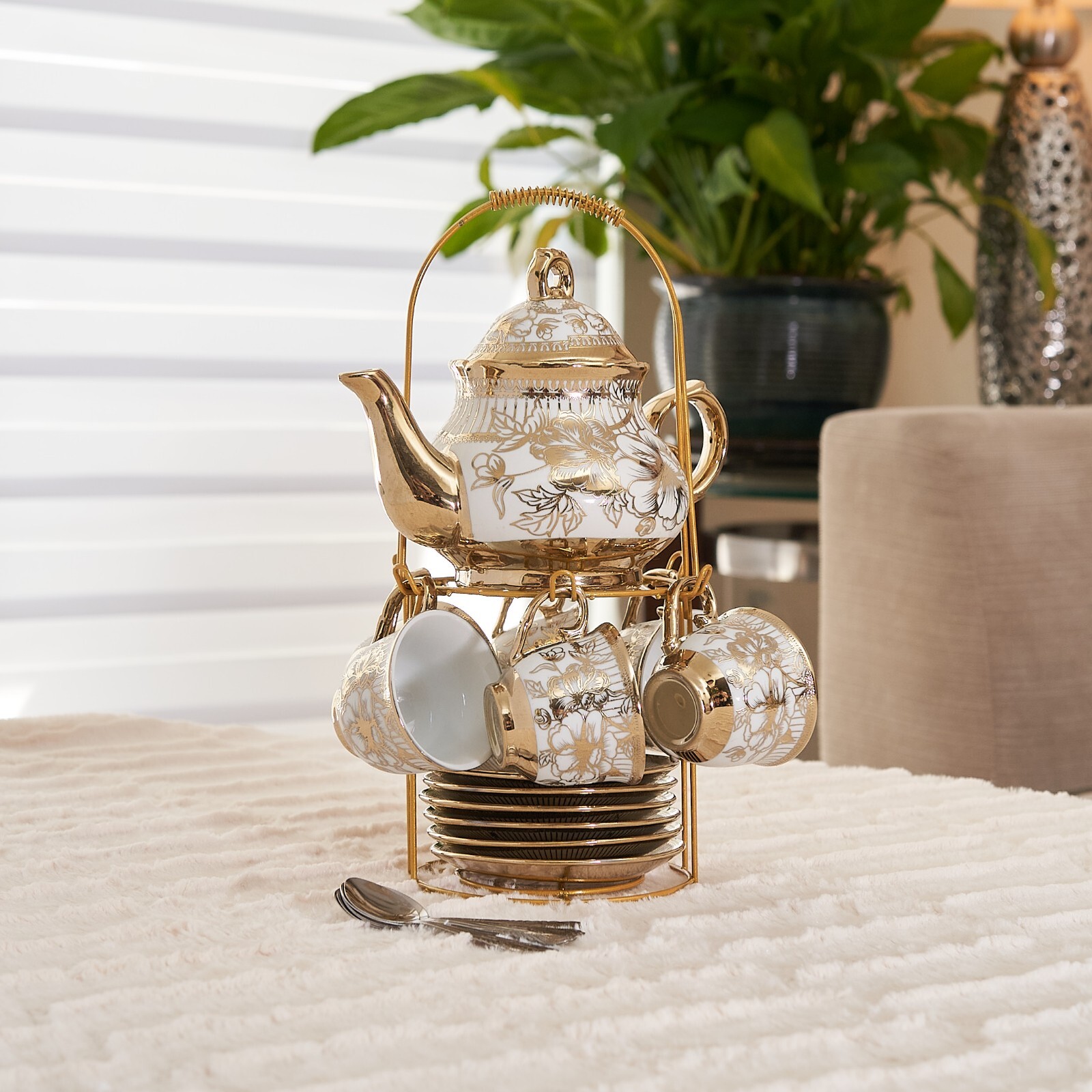 European Style 20pcs Ceramic Coffee Cup & Saucer Set w Rack Spoons GOLD Tea Set