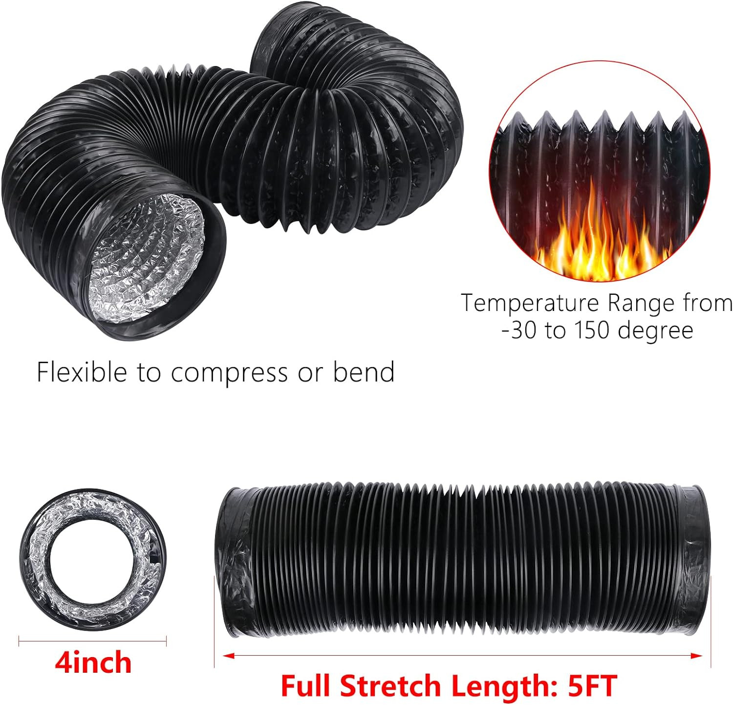4 Inch 5 Feet Air Ducting Flexible Black Aluminum Vent Hose For Hvac Ventilation