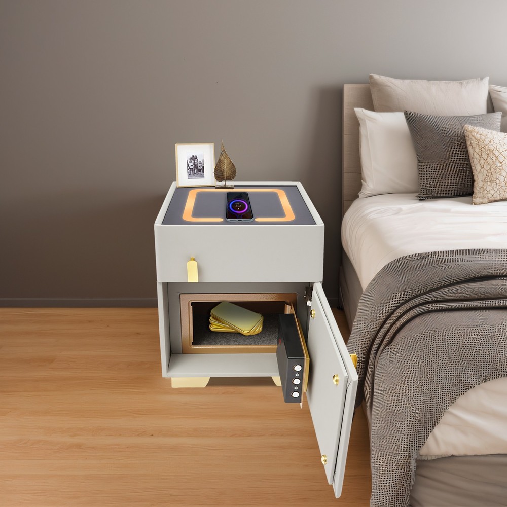 Phone Charging Bedside Cabinet, Grey, Bedside Table with Safe+Combination Lock