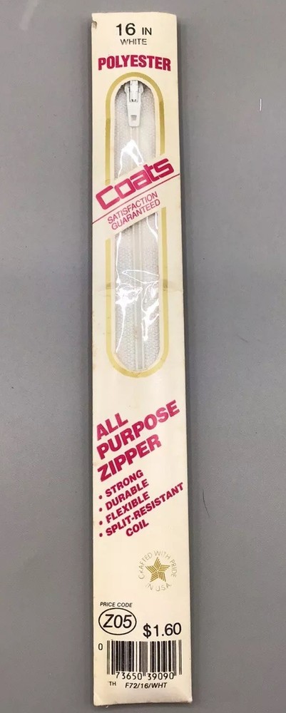 Vintage 16” White Polyester All Purpose Zipper