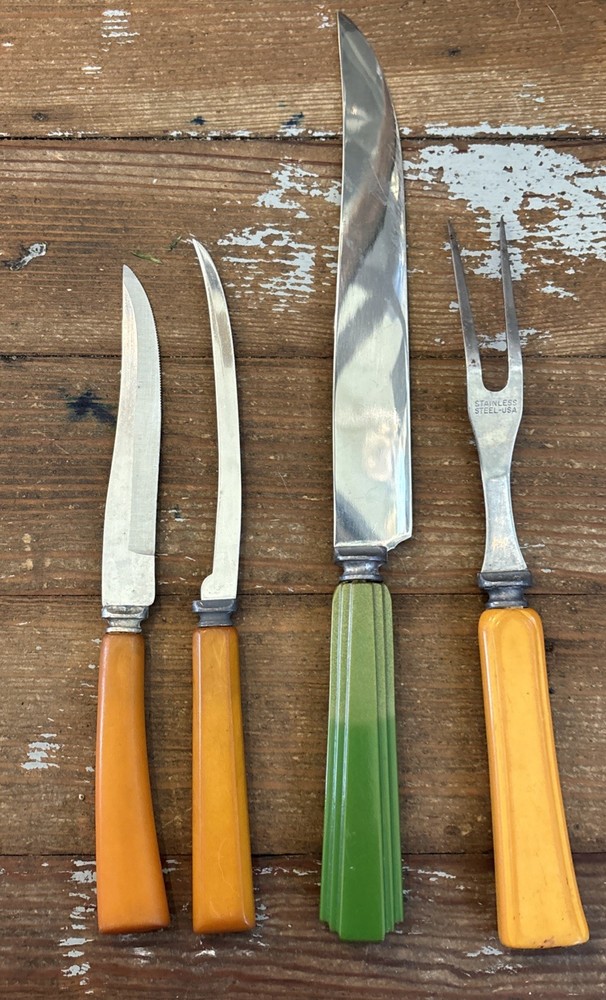 4 Pc Vintage Bakelite Handle Knives & Fork Butterscotch Green