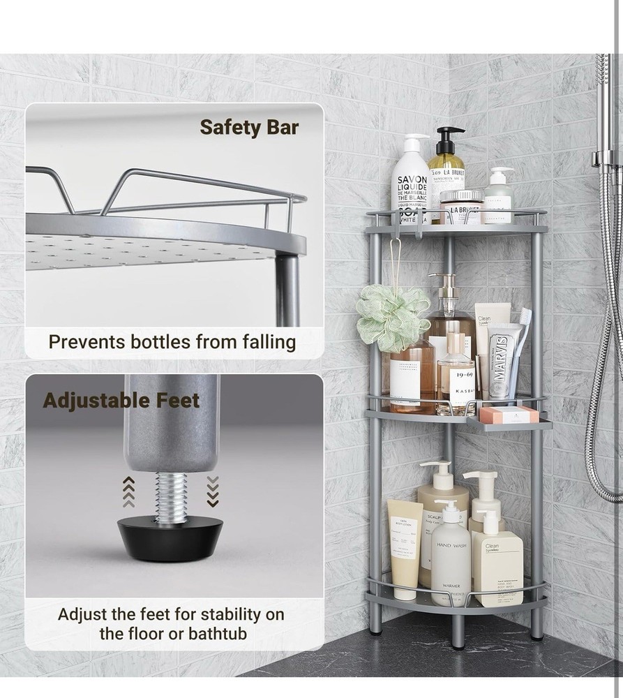 3 Tier Corner Shower Caddy Standing Rustproof Metal Organizer Adjustable ELYKEN