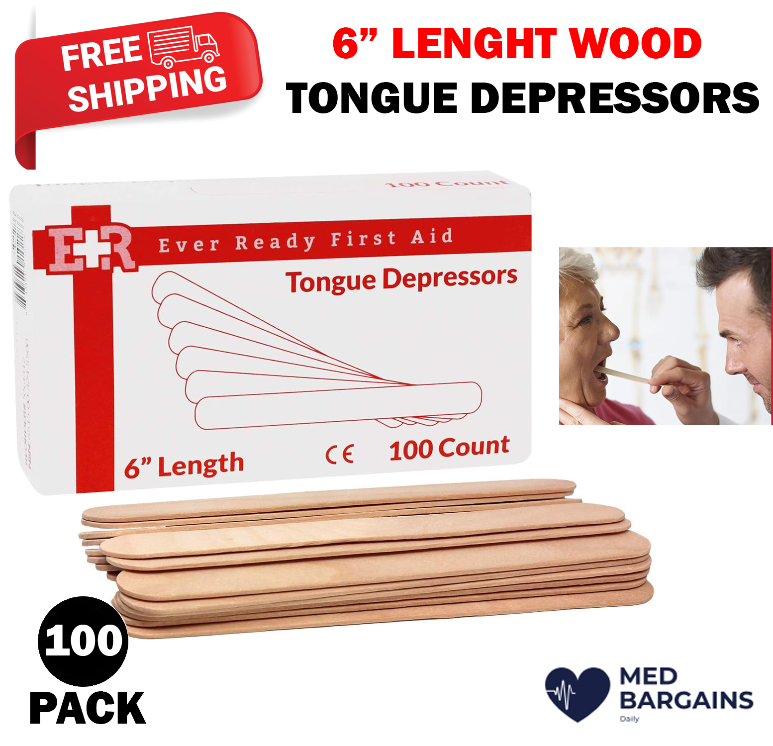 Ever Ready First Aid Medical 6" Wood Tongue Depressors Adults Children - 100CT