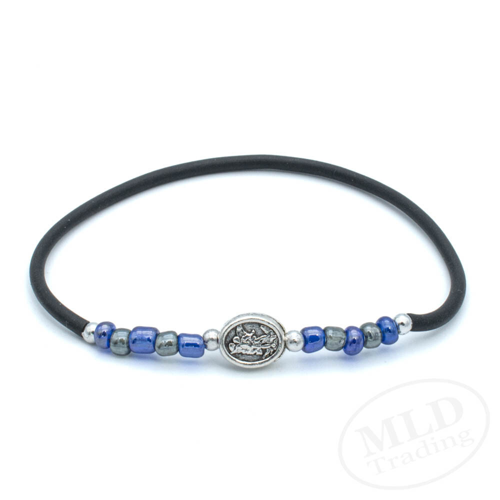 Saint St. Michael Guardian Angel Stretch Rosary Bracelet w Blue Glass Beads
