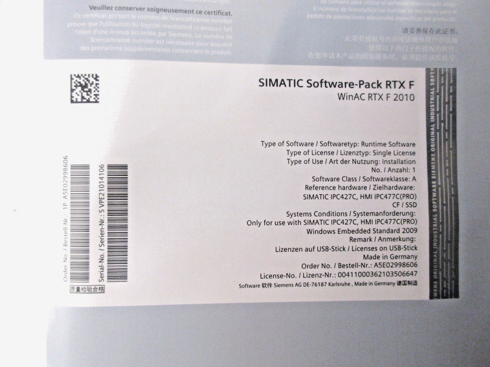 Siemens Simatic Runtime Software-Pack RTX F WinAC RTX F 2010
