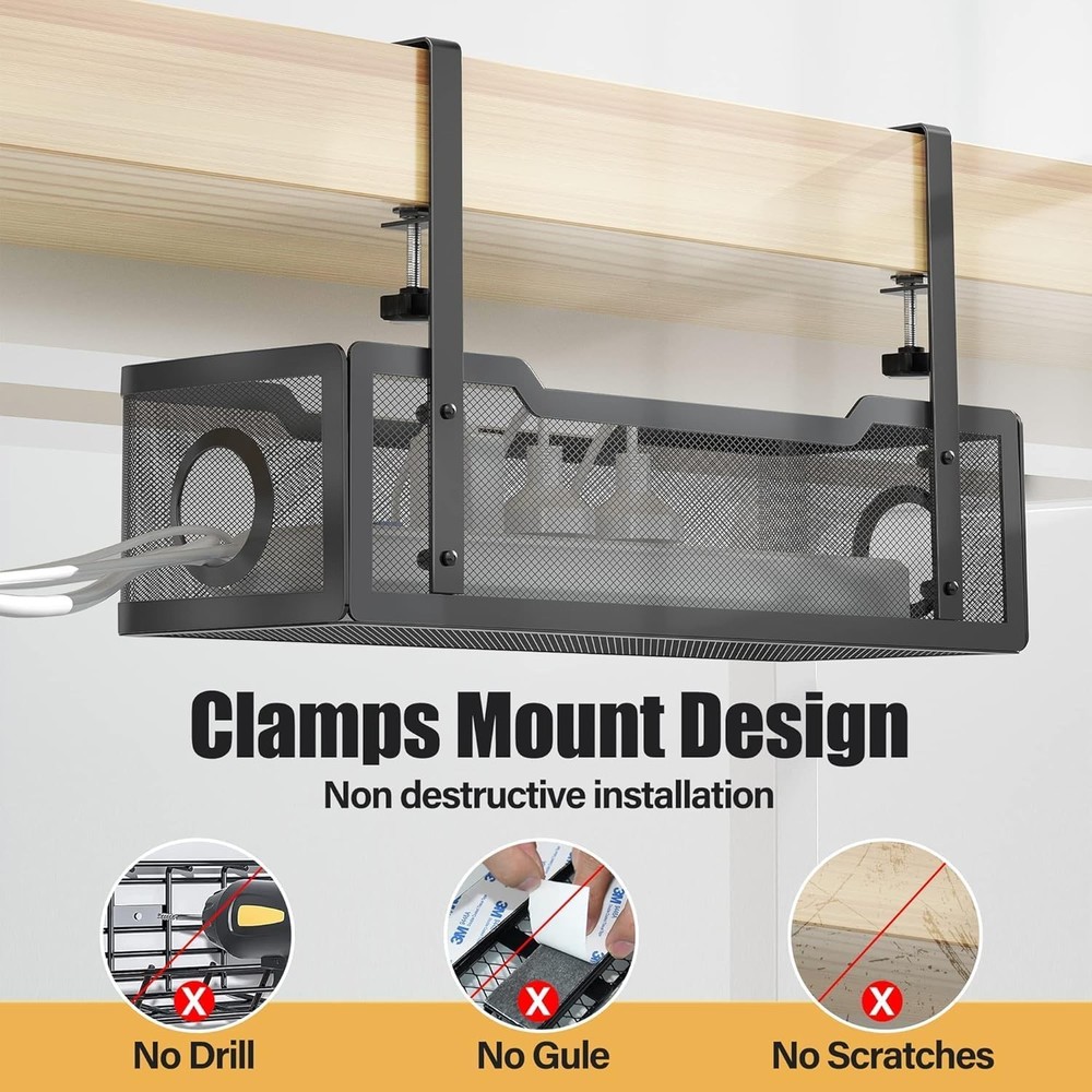 2-Pack Cable Management Tray Under Desk Wire Organizer - Black Set