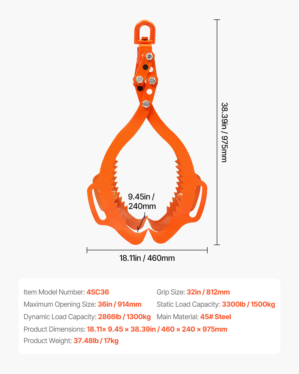 36in Log Lifting Tongs 4 Claw Solid Steel Log Grapple Swivel Log Tools
