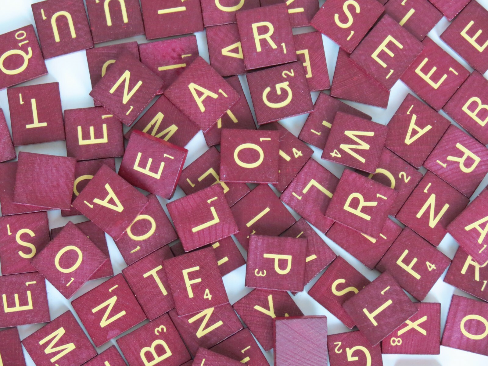 Wood Scrabble Tiles, Maroon Burgundy, GOLD / TAN Letters, Sold Individual