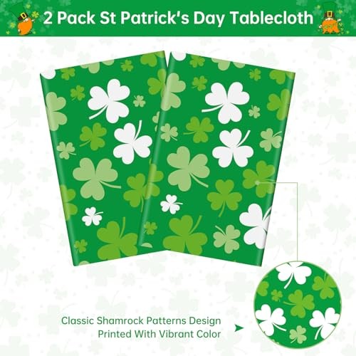 2 Pack St Patrick's Day Tablecloth - Green Shamrock Table Cloth, Plastic