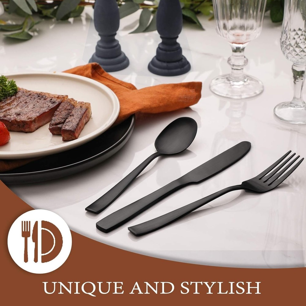 24-Piece Matte Black Silverware Set Stainless Steel Flatware Cutlery Kitchen