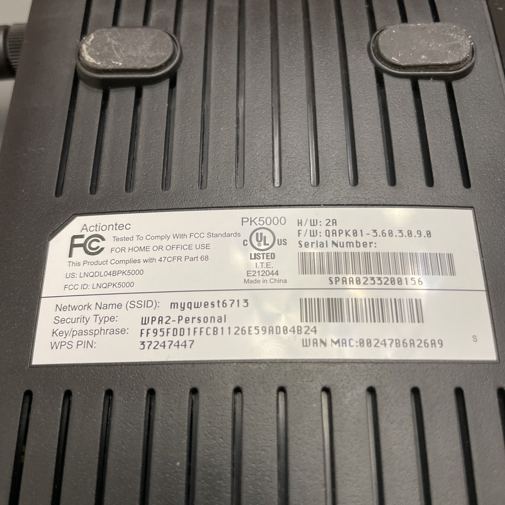 Actiontec/Qwest PK5000 Wireless DSL Modem / No Power Adapter/ Not Tested