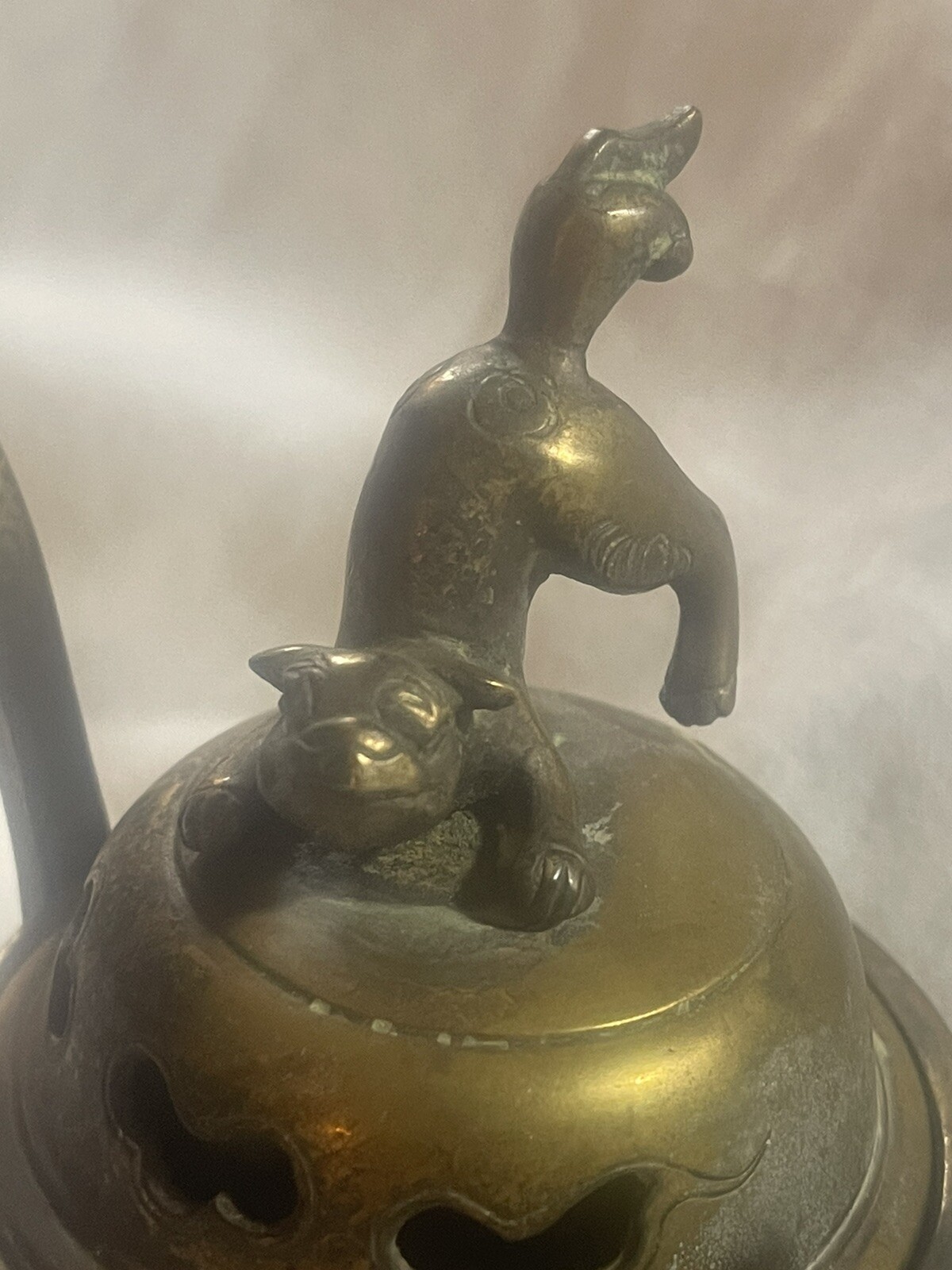 Antique Solid Brass Chinese Foo Dog Sensor Incense Burner Guardian Lion