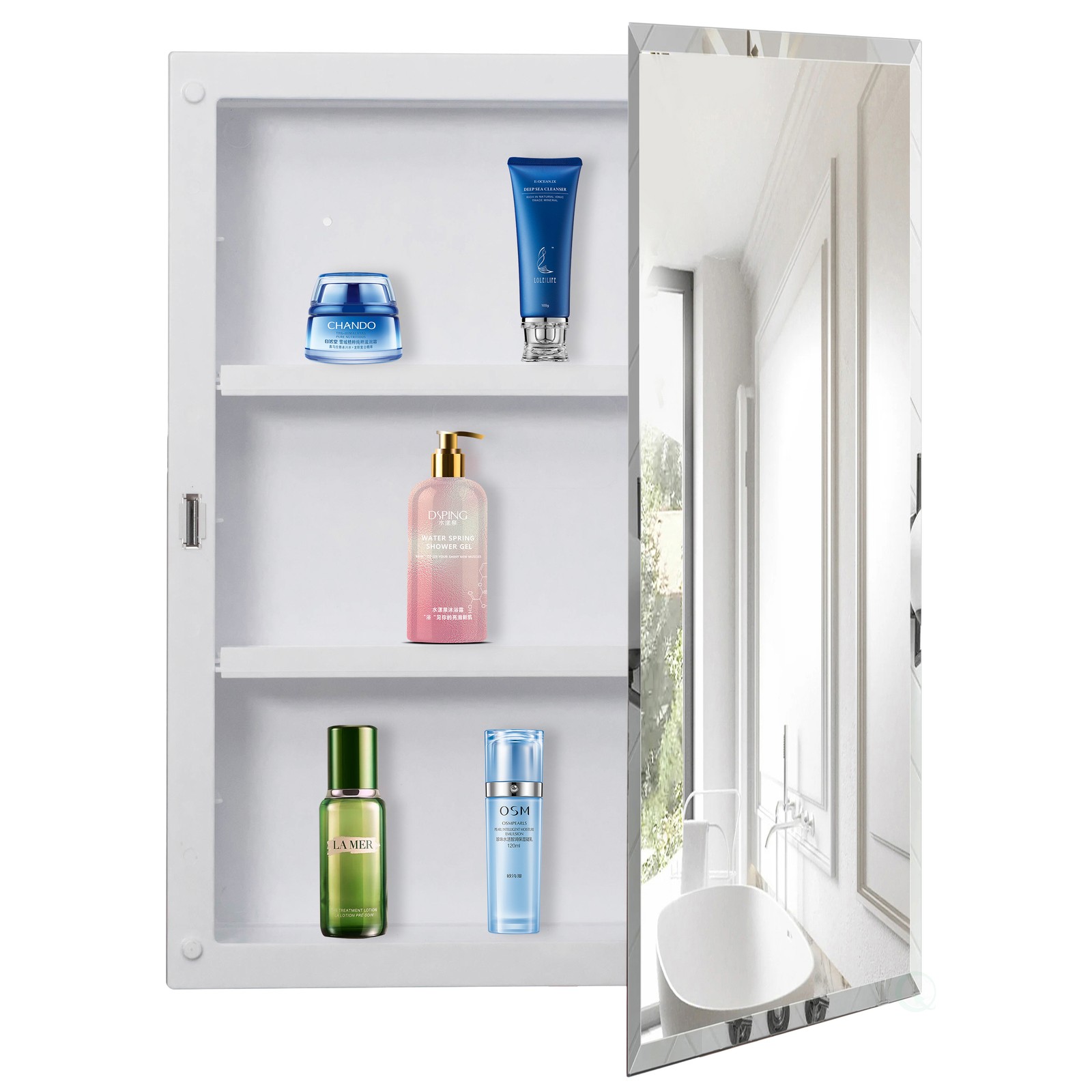 Plastic Bathroom Medicine Cabinet with Mirror, 2 Adjustable Plastic Shelves