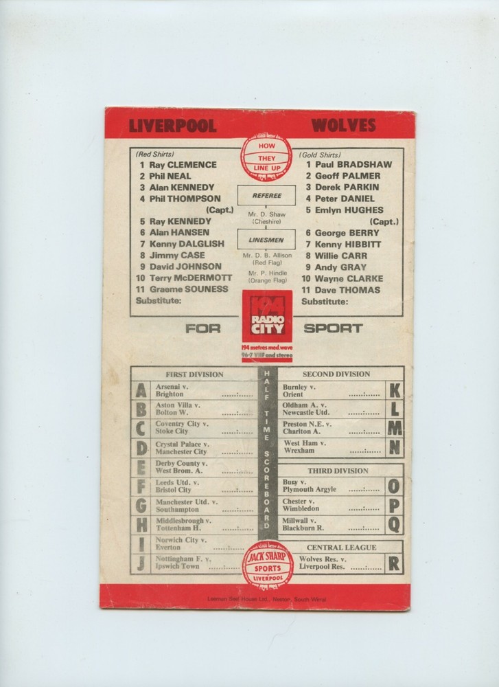November 1979 Liverpool Reds Wolverhampton Wanderers Soccer Program