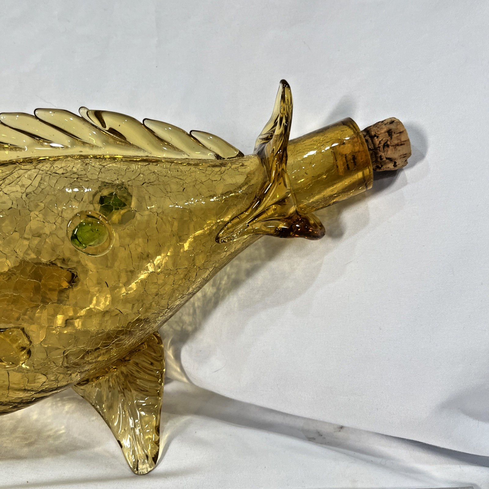 Vintage Amber Green Murano Crackle Glass Fish Decanter