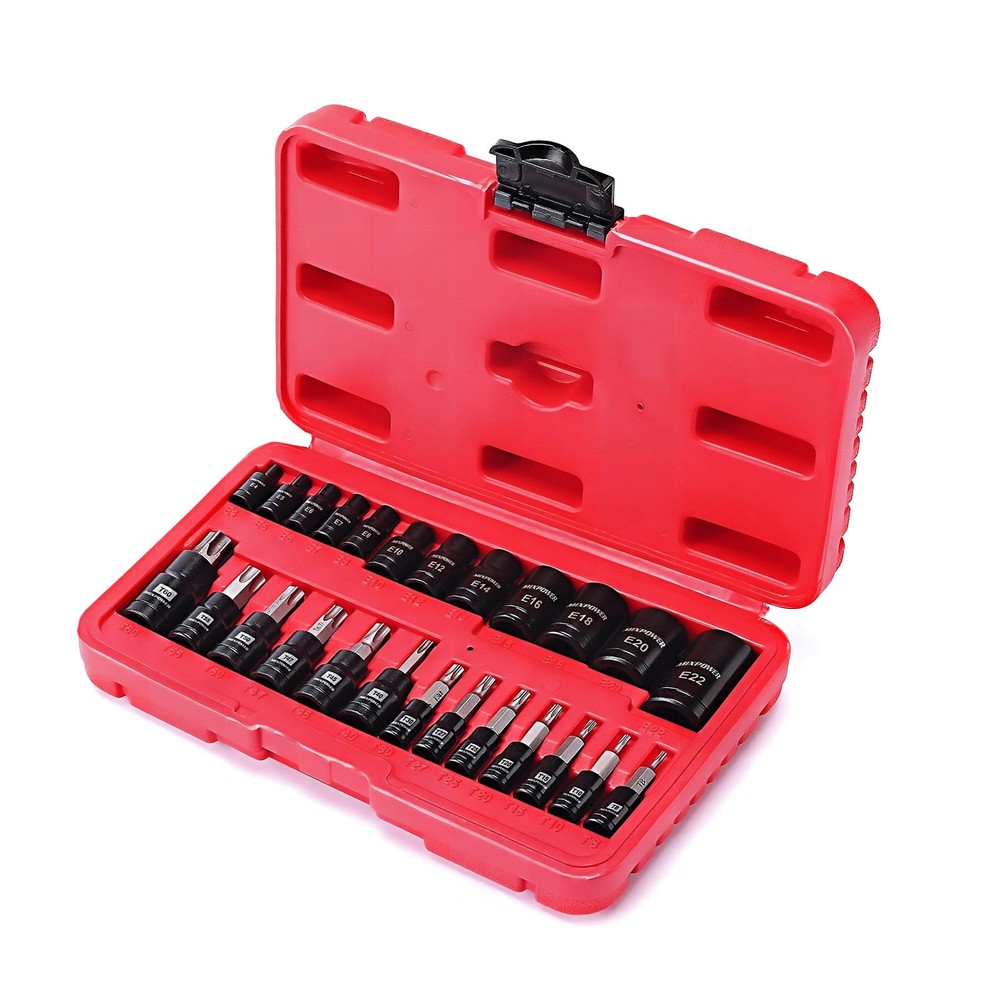 25PCS Torx Bit Socket and External Socket Set T8- T60 & 12 Female E-Torx Sockets