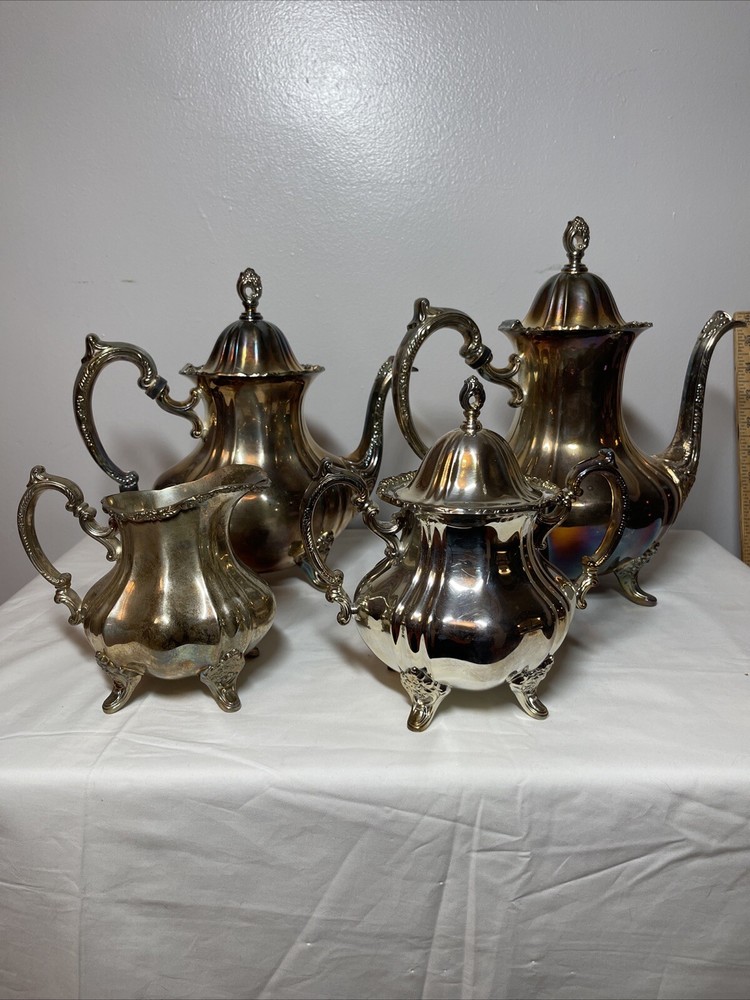 Antique Poole EPCA Lancaster Rose 400 Silver Plate Tea Coffee Teapot Set 4-pc