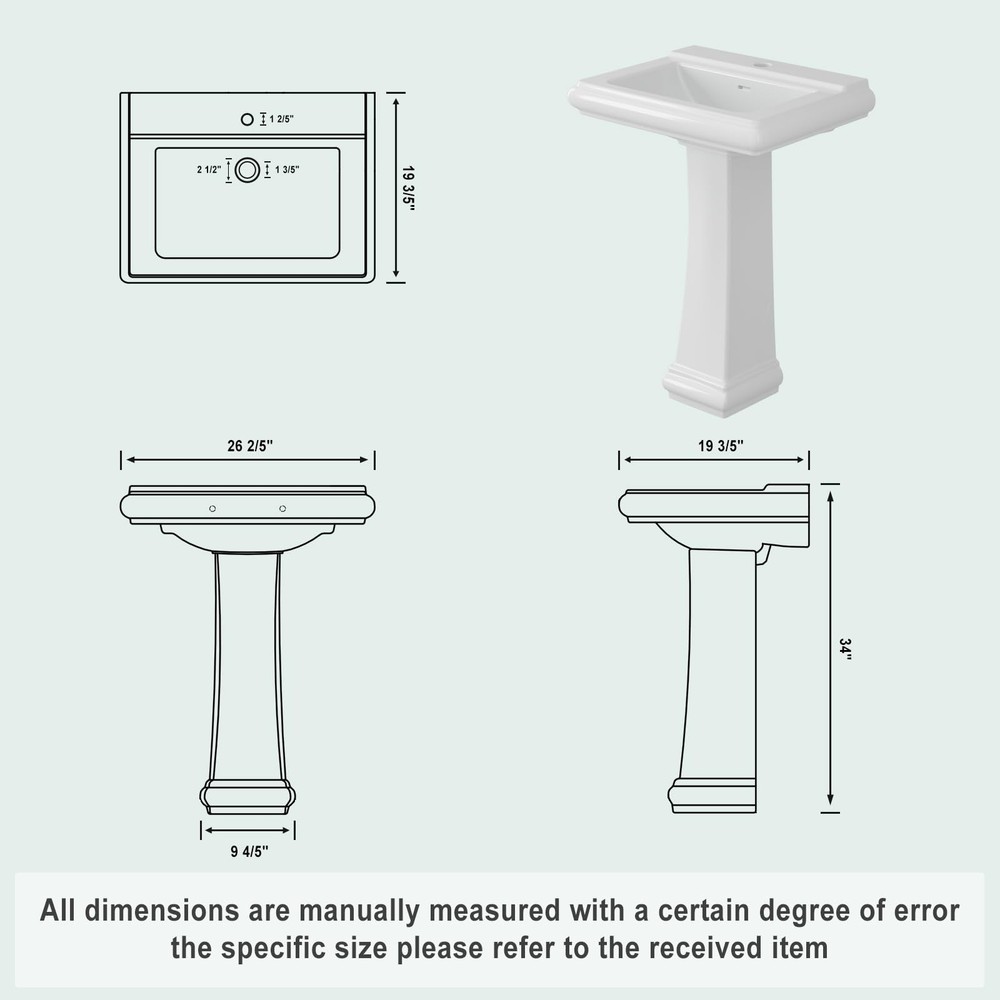 26" W X 20" D Bathroom Pedestal Sink, Rectangular White Ceramic Vanity Sink w...