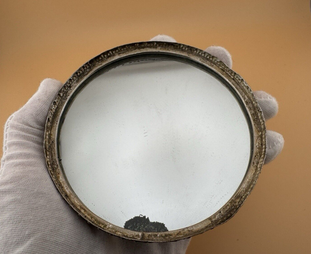 Antique Silver Vanity Face Puff Powder Box Compact Case with Mirror