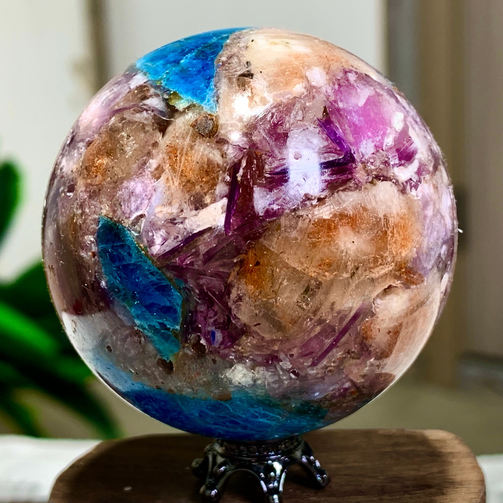 177G Natural Blue Aptite +Sun Stone purple lepidolite Sphere mineral sample