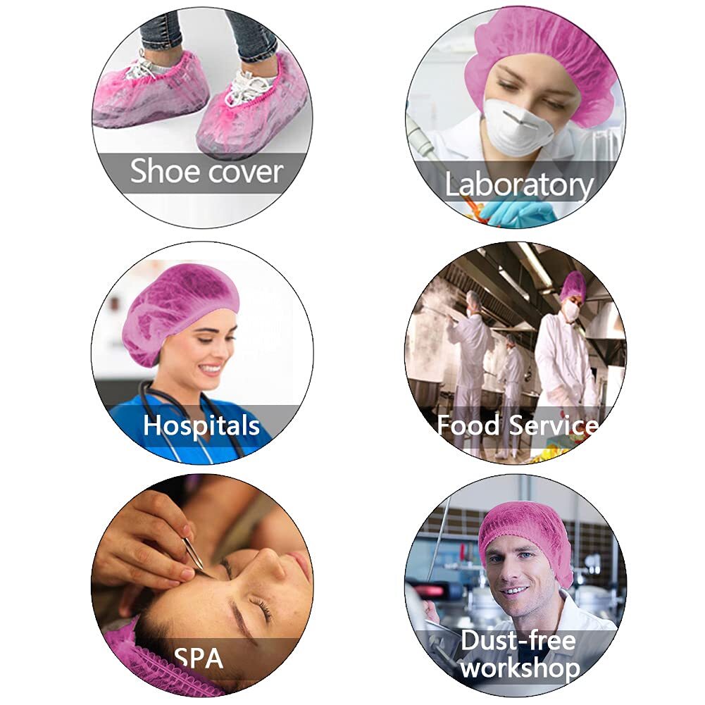 100 Disposable 18" Non-Woven Strip Mob Caps(Pink/White) Net Bouffant Head Covers