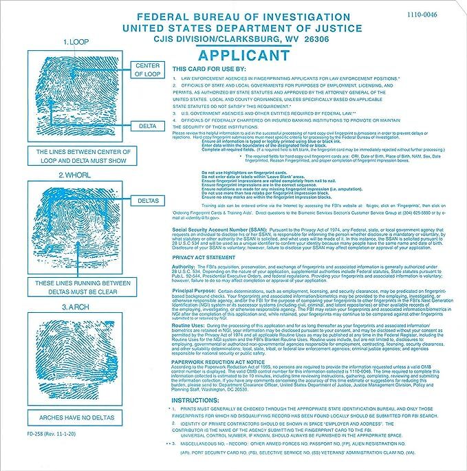 50 ATF FD-258 Fingerprint Cards Applicant ATF Form 1 ATF eForm 1, ATF Form 4 & 5