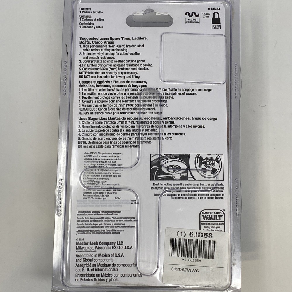 Master Lock 613DAT Keyed Padlock & 6ft Braided 1/4" Cable Weather Resistant New