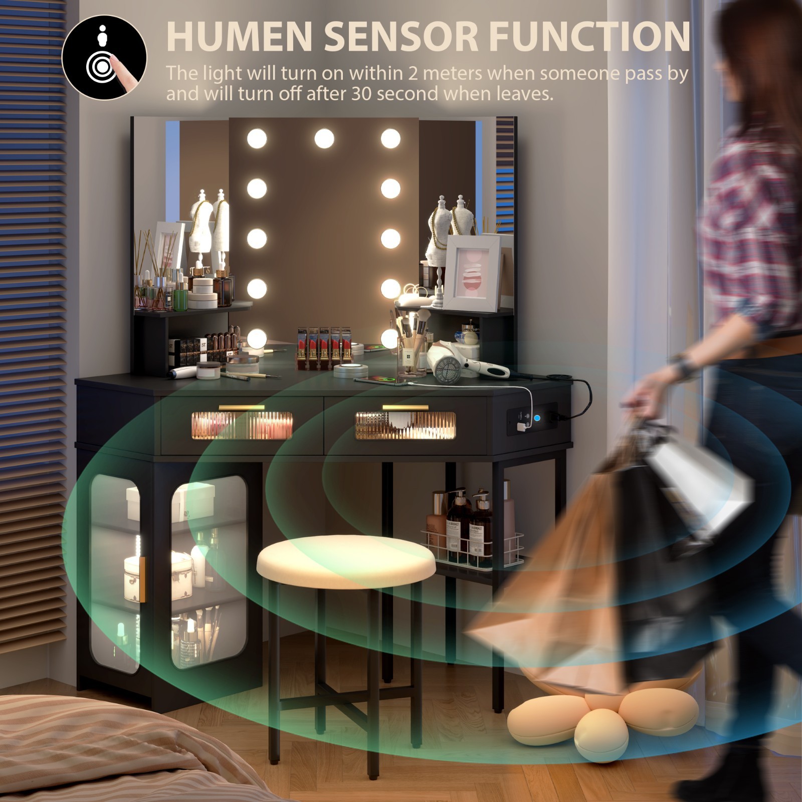 Corner Vanity Desk with Mirror and Lights, Makeup Table with Charging Station