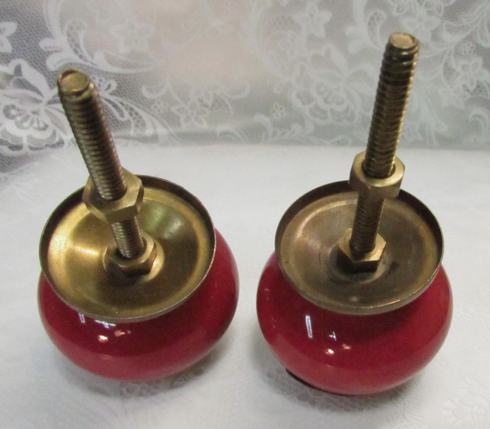 Set of 2 Large RED Round CERAMIC KNOBS with Brass Flower Decorative Drawer Pulls