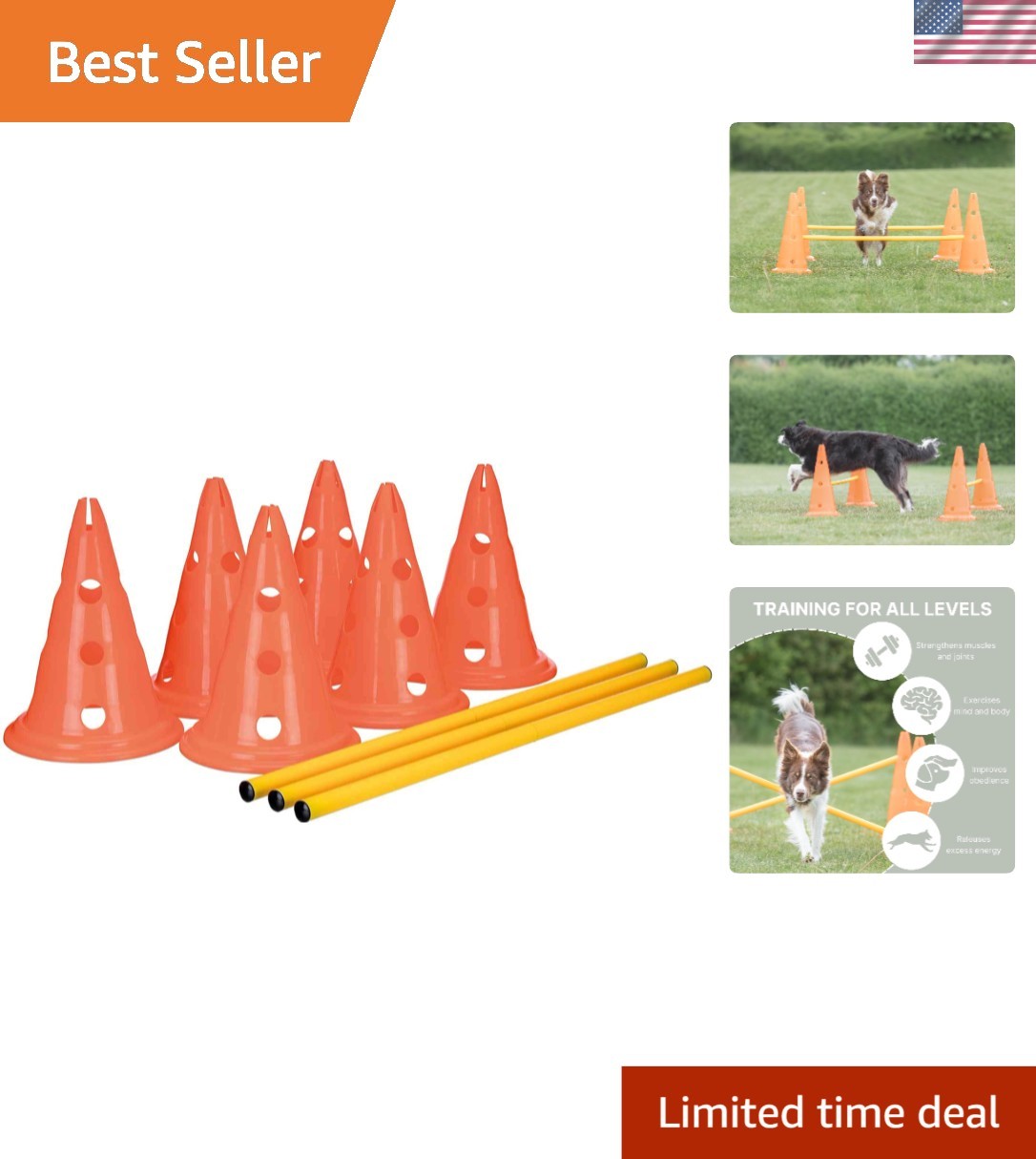 Complete Dog Agility Hurdle Set - 6 Cones, 3 Adjustable Rods, Training Tips