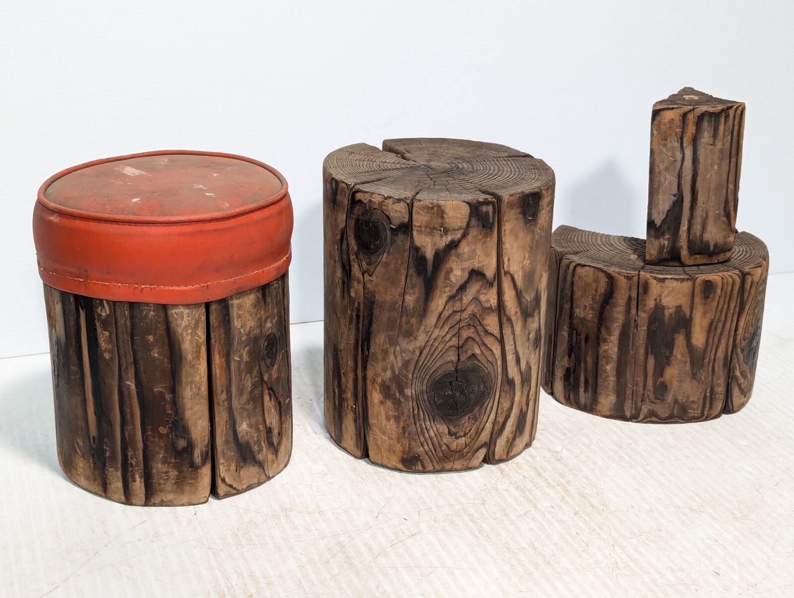 3 Piece Rustic Log Stools \ Tables, Beautifully Weathered
